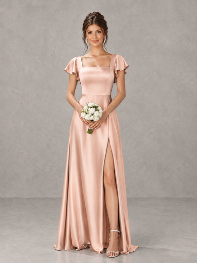 BOLODOO Rose Gold Satin Square Neck Flutter Sleeve A-Line Bridesmaid Dress with Slit - Rose Gold - Rose Gold_1