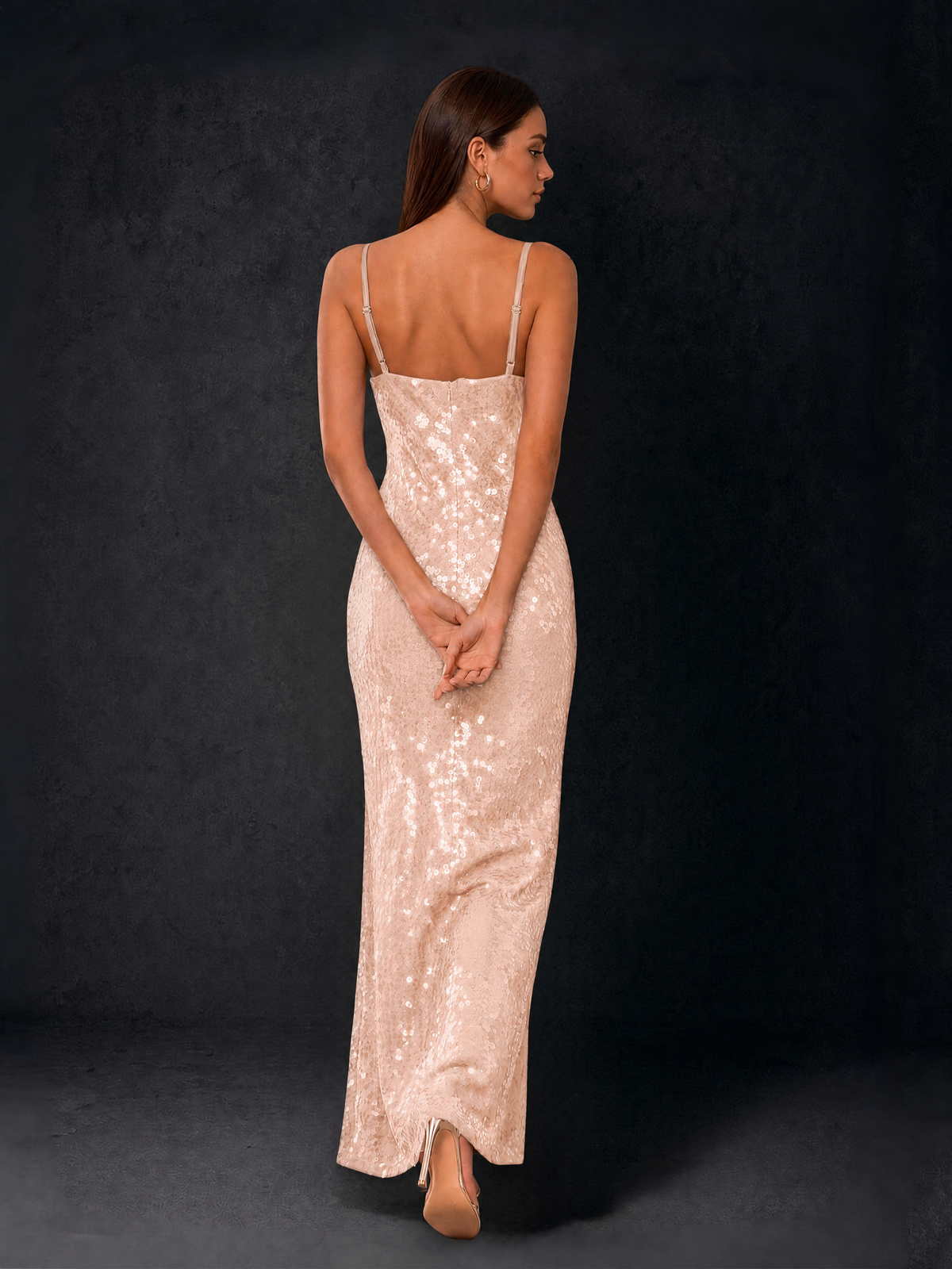 BOLODOO Bronze Sequin Cowl Neck Spaghetti Strap Mermaid Maxi Dress with Open Criss-Cross Back - Rose Gold - Rose Gold