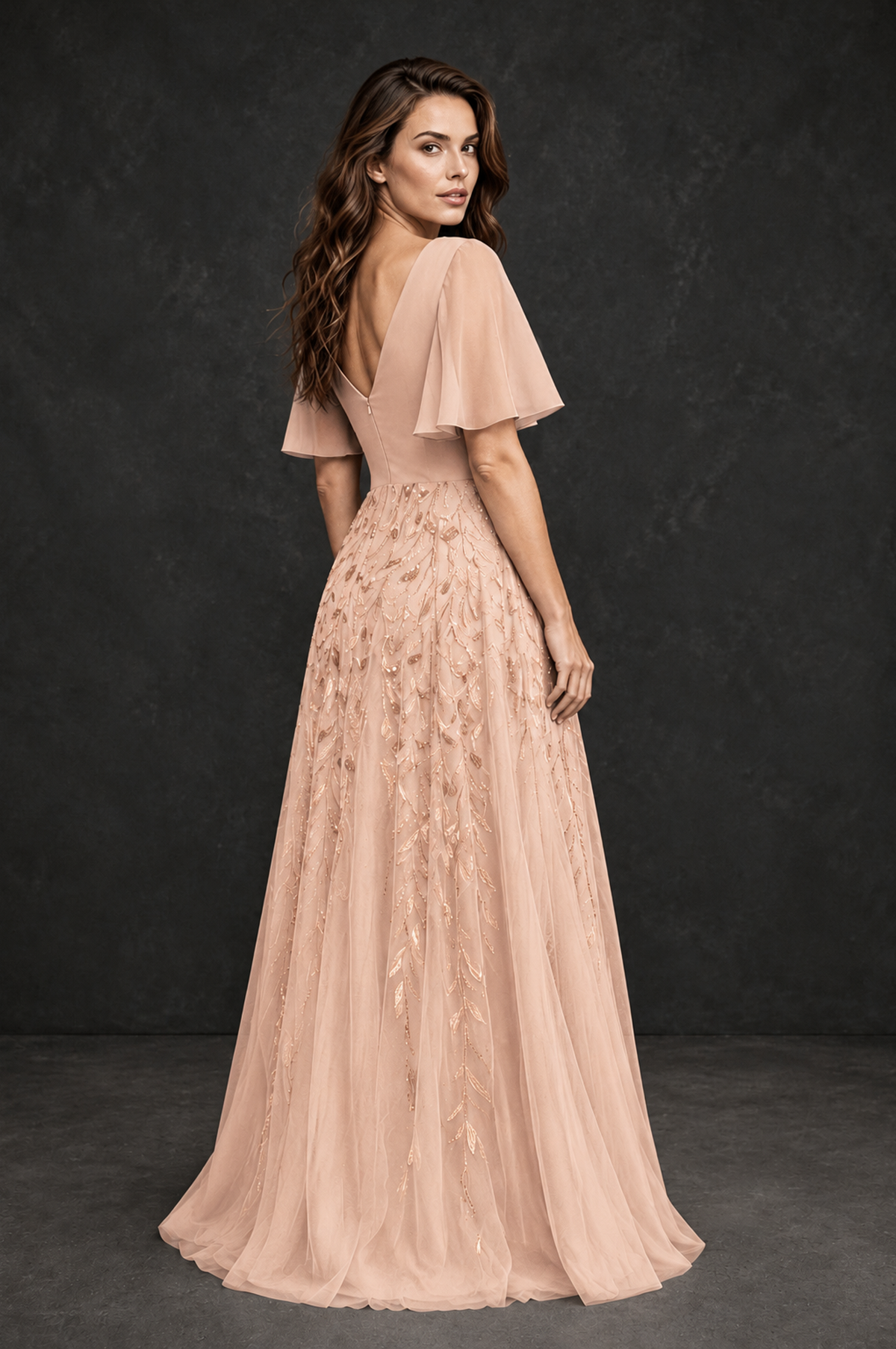 BOLODOO Rose Gold V-Neck Flutter Sleeve Beaded Botanical Tulle A-Line Gown | Mother of the Bride Evening Dress - Rose Gold - Rose Gold_2