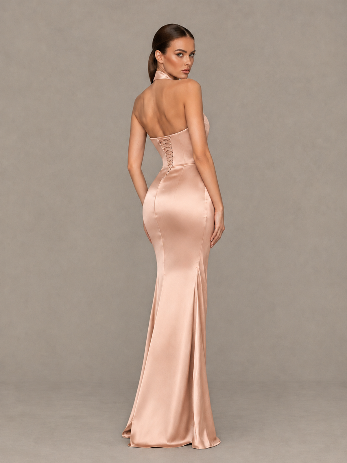BOLODOO Rose Gold Cross-Halter Ruched Satin-Look Evening Gown with High Slit - Rose Gold - Rose Gold_2