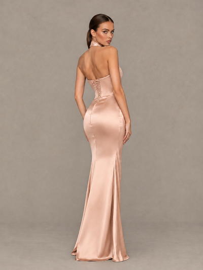 BOLODOO Rose Gold Cross-Halter Ruched Satin-Look Evening Gown with High Slit - Rose Gold - Rose Gold_2