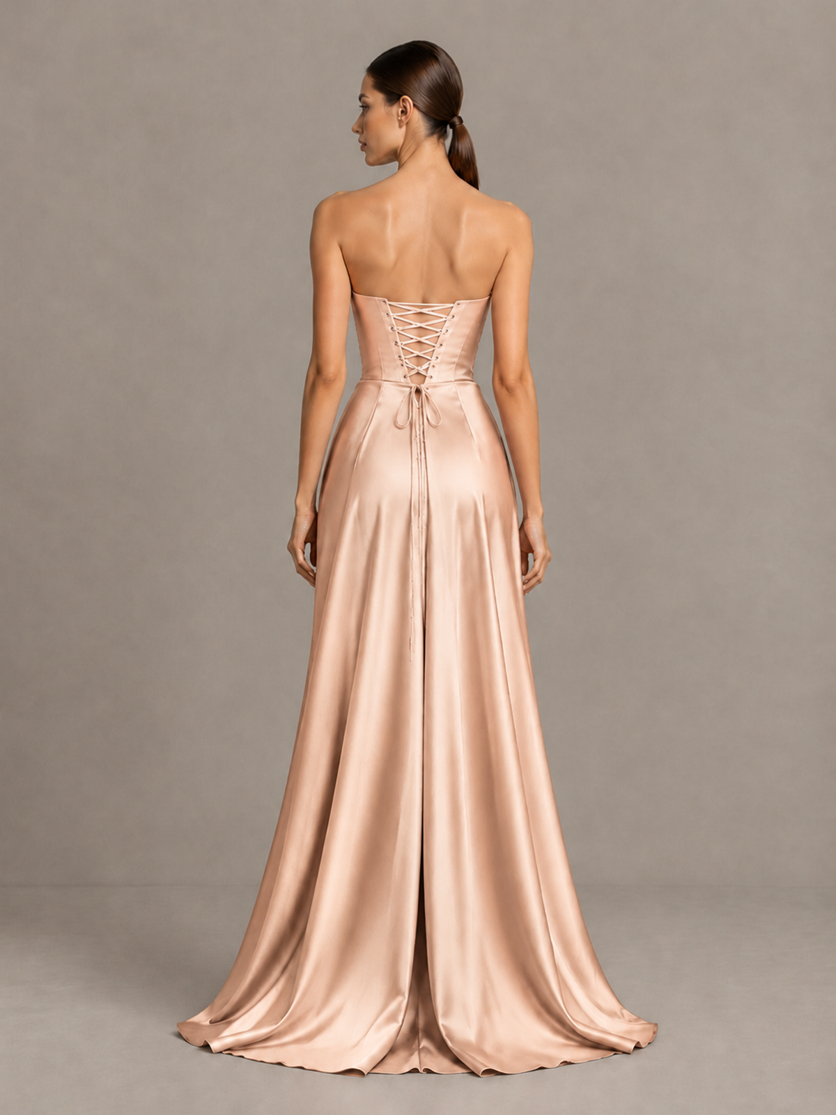 BOLODOO Rose Gold Strapless Satin High-Slit Lace-Up Prom Dress - Rose Gold - Rose Gold_2