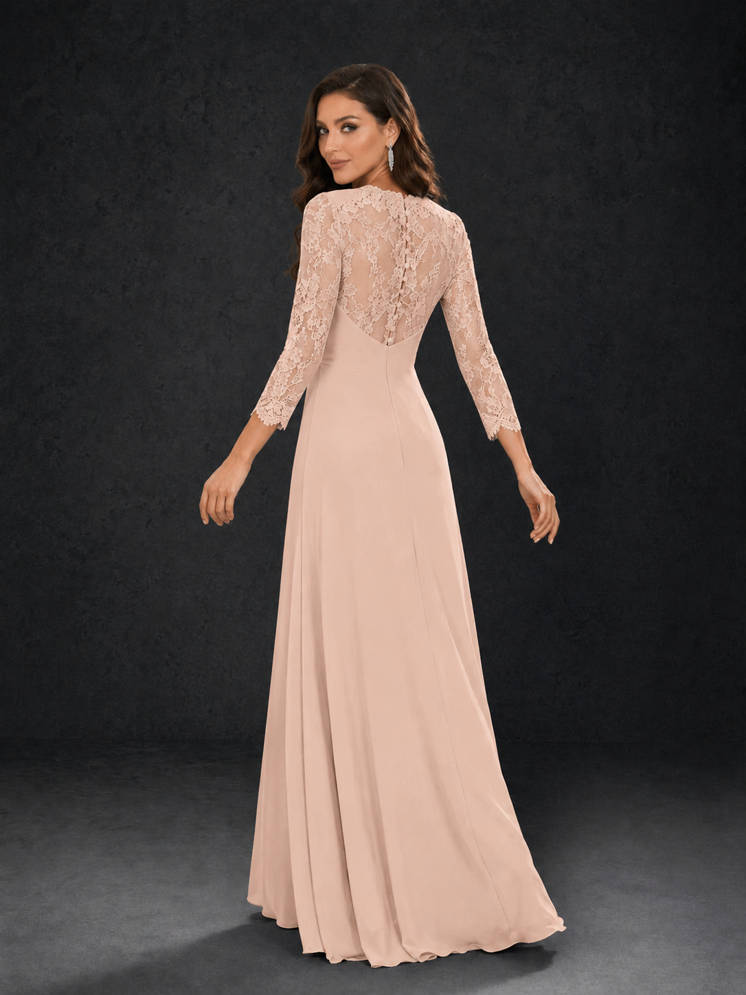 BOLODOO Rose Gold Lace Sleeve V-Neck Floral Waist Chiffon A-Line Maxi Dress - Rose Gold