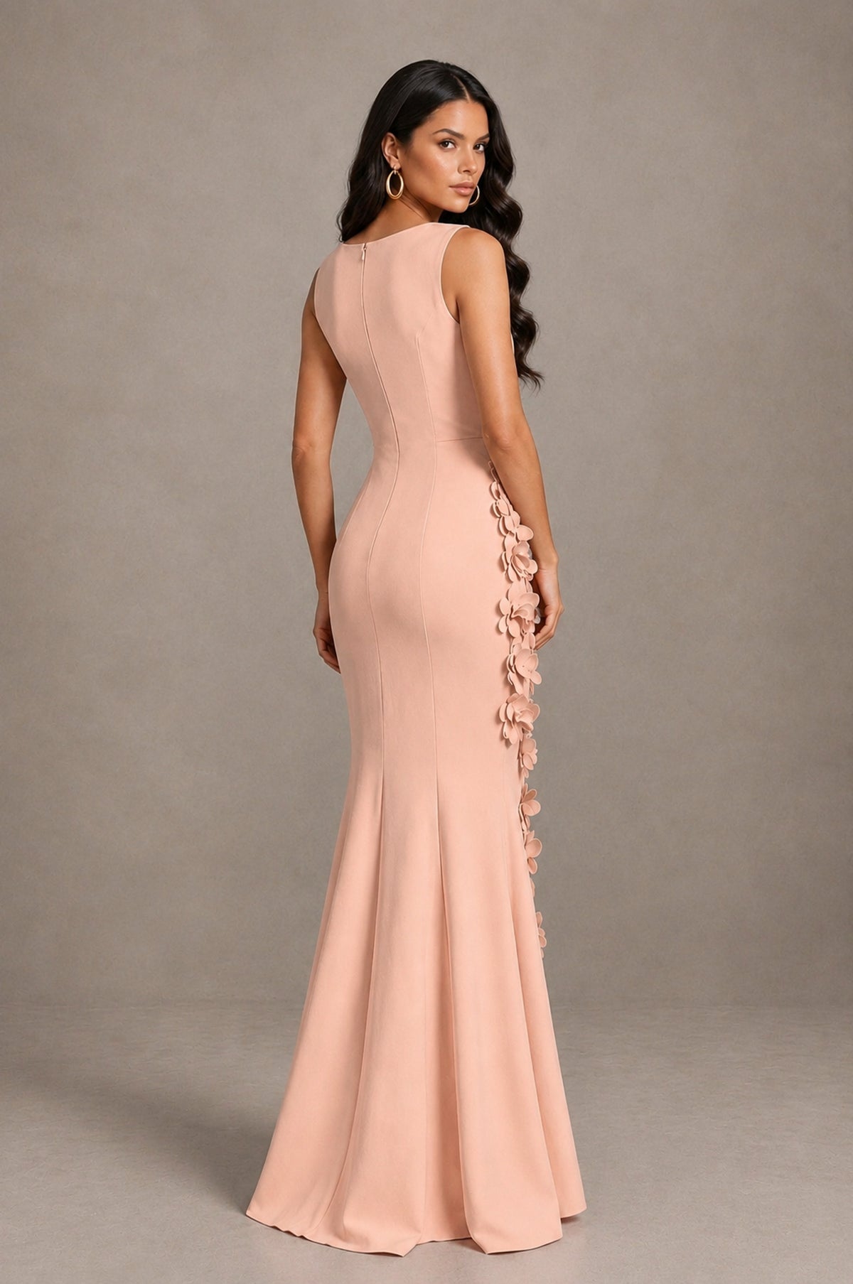 BOLODOO Rose Gold Bateau Neck Sleeveless Asymmetric Peplum 3D Petal Appliqué Mermaid Gown BD0421 - Rose Gold - Rose Gold_2