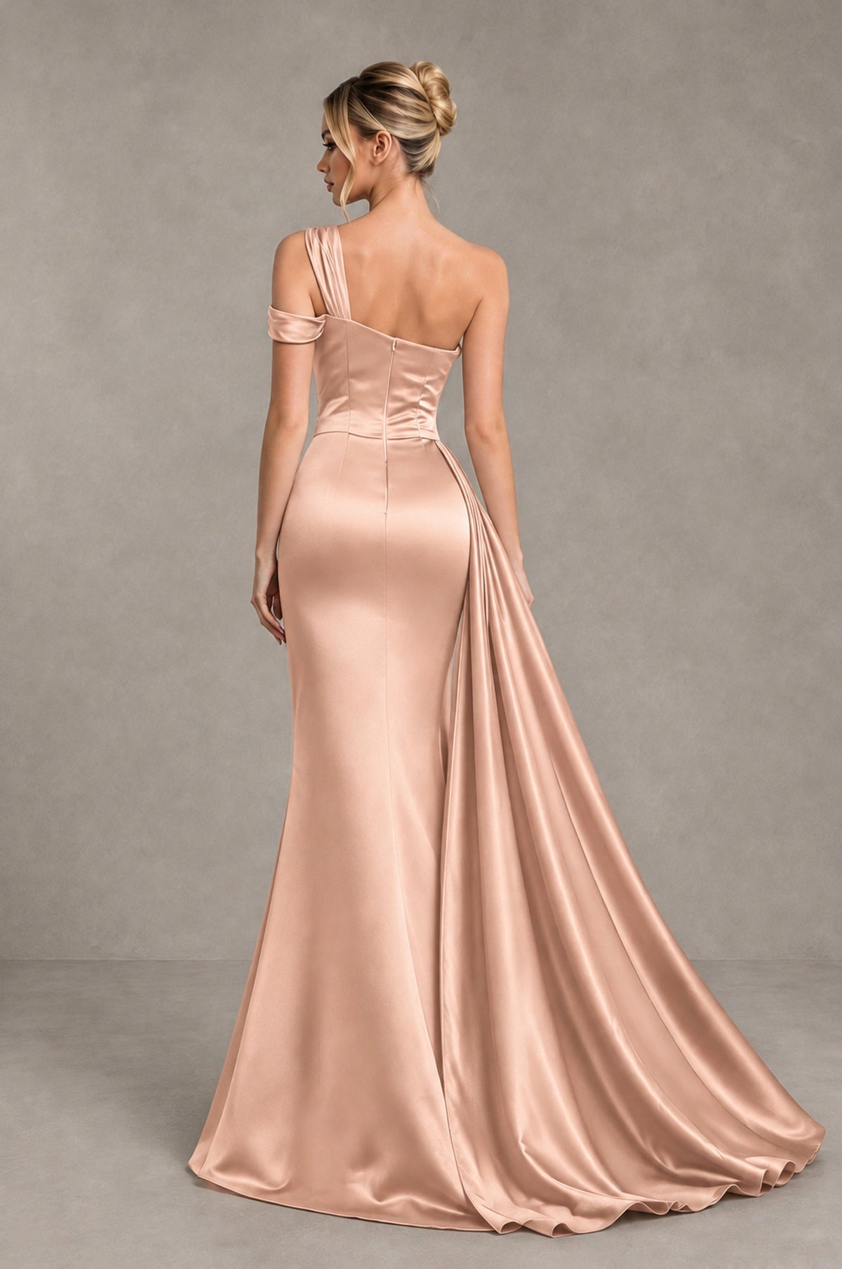BOLODOO Rose Gold Asymmetric Ruched Formal Evening Dress - Rose Gold - Rose Gold_2