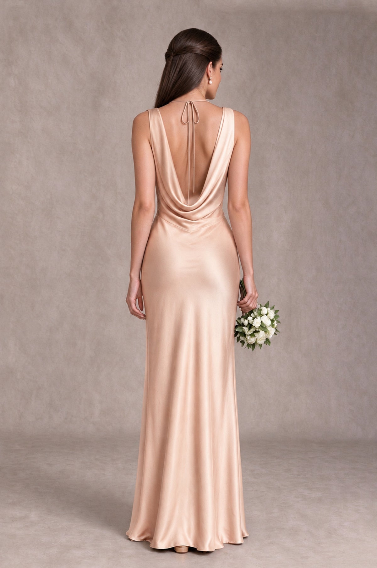 BOLODOO Rose Gold Cowl Neck Open Back Satin Bridesmaid Dress - Rose Gold - Rose Gold_2