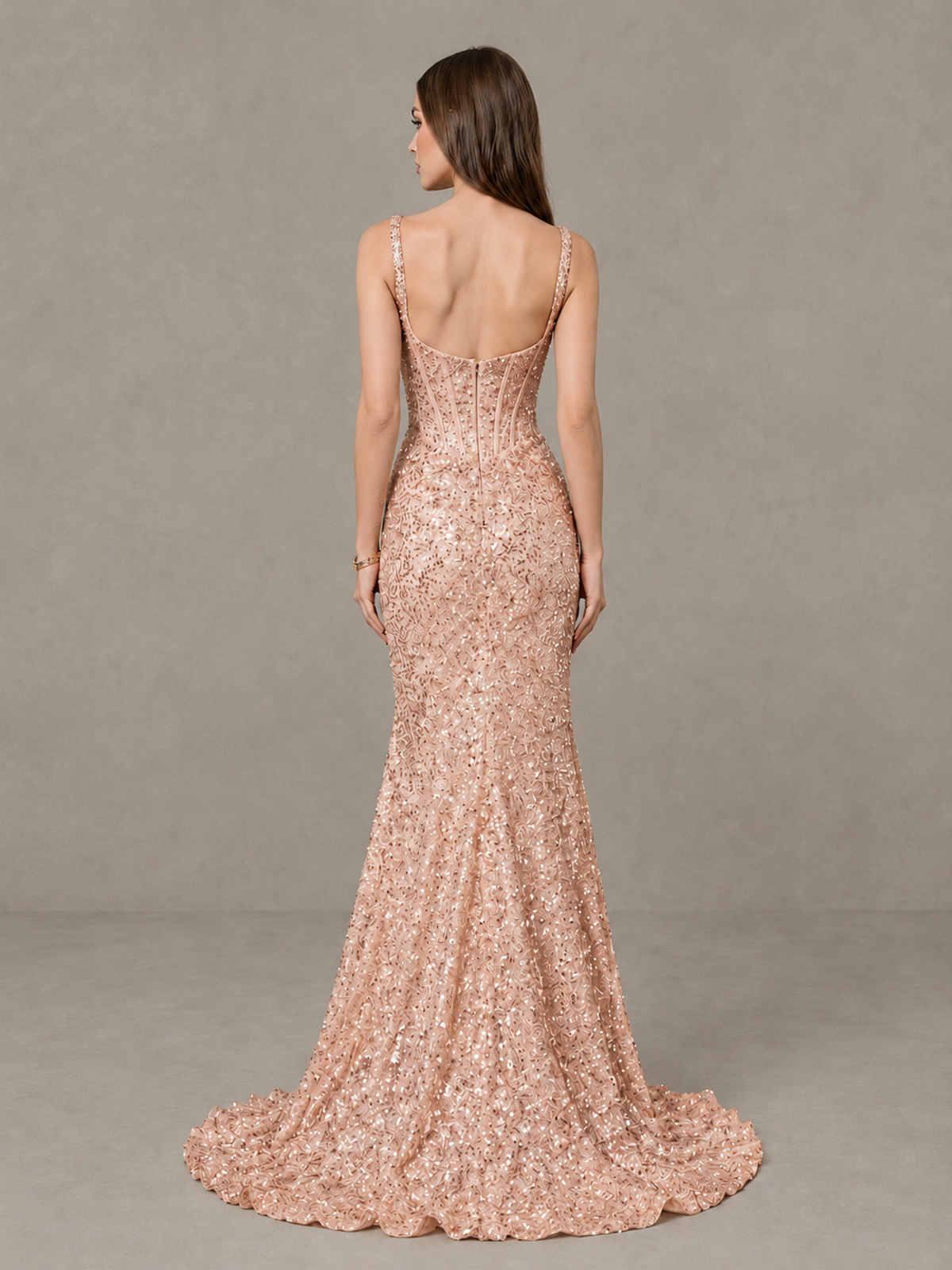 BOLODOO Rose Gold Sequin Corset Evening Gown with High Slit - Rose Gold - Rose Gold_2