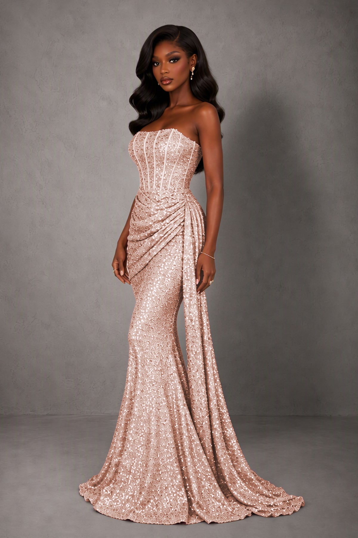 BOLODOO Rose Gold Sequin Strapless Corset Mermaid Evening Gown with Train - Rose Gold
