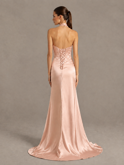 BOLODOO Rose Gold Halter Satin Evening & Prom Dress with High Slit - Rose Gold - Rose Gold_2