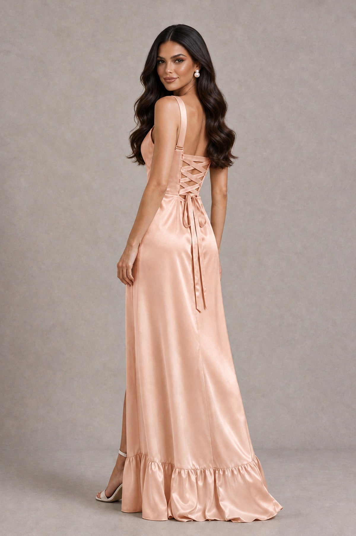 BOLODOO Rose Gold Square Neck Satin Evening Dress with Lace-Up Back and High Slit - Rose Gold - Rose Gold_2