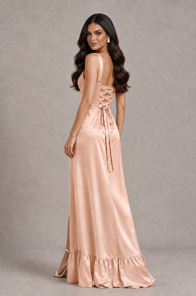 BOLODOO Rose Gold Square Neck Satin Evening Dress with Lace-Up Back and High Slit - Rose Gold - Rose Gold_2