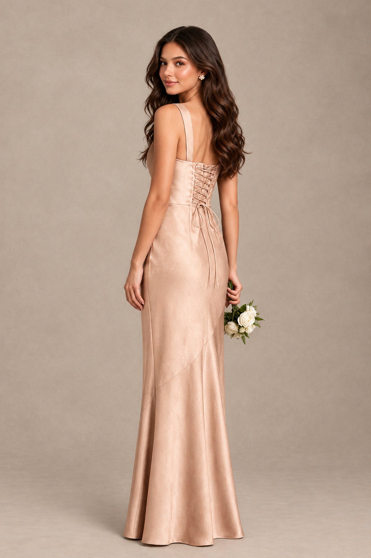 BOLODOO Rose Gold Square Neck Ruched Satin Lace-Up Bridesmaid Dress - Rose Gold - Rose Gold_2