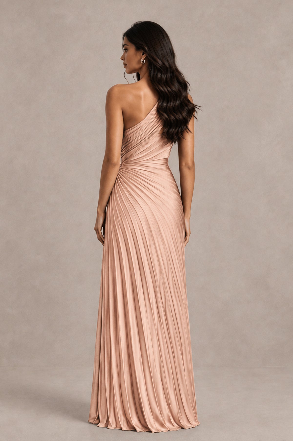 BOLODOO Rose Gold One Shoulder Pleated Evening Dress with Ruched Waist and High Slit - Rose Gold - Rose Gold_2
