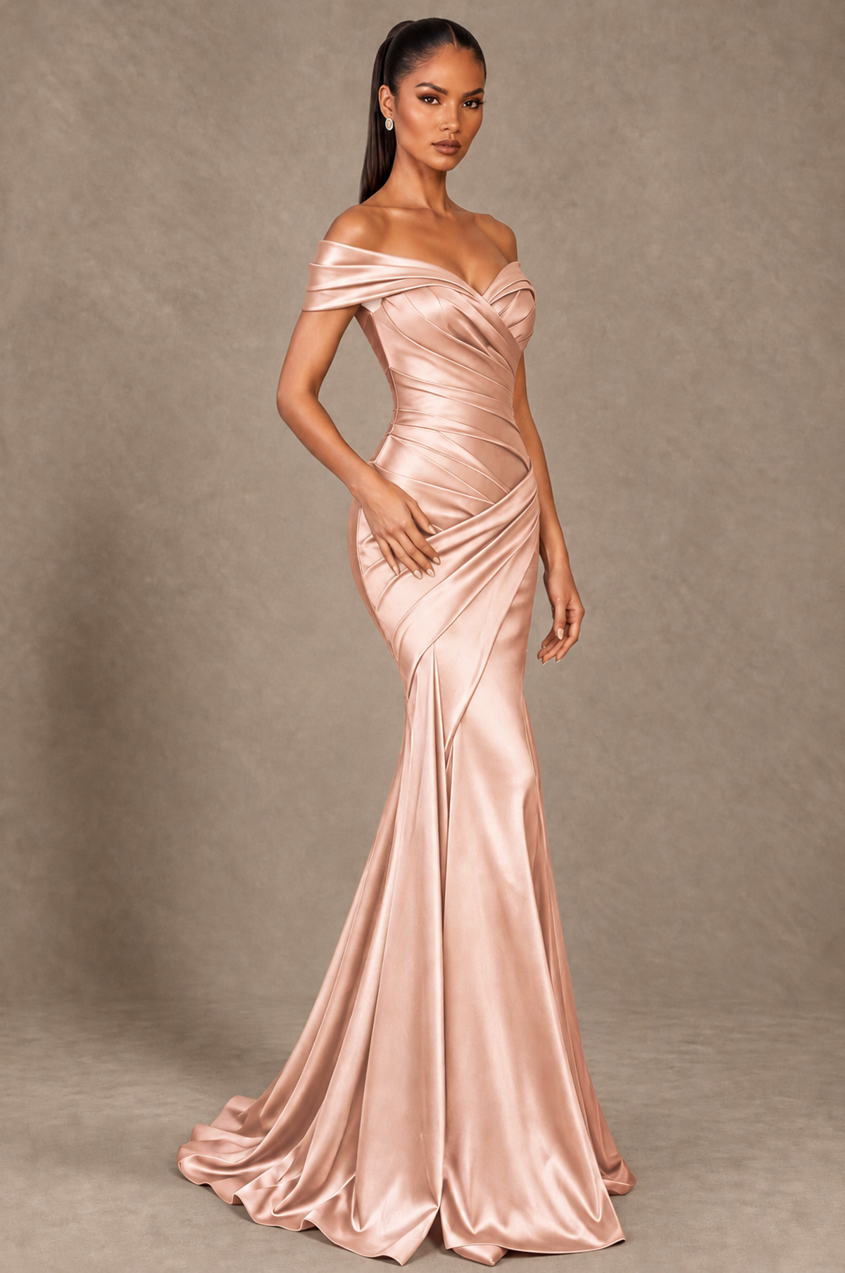 BOLODOO Rose Gold Off-the-Shoulder Ruched Satin Mermaid Evening Dress - Rose Gold - Rose_Gold_2