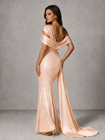 BOLODOO Rose Gold Sequin Mermaid Evening Dress with Off-Shoulder Satin Drape and Sweep Train - Rose Gold - Rose Gold_2