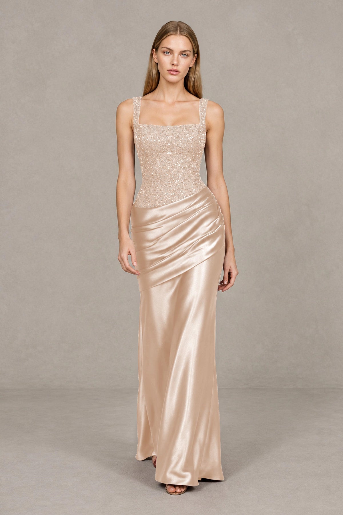 BOLODOO Rose Gold Square Neck Embellished Satin Evening Gown - Rose Gold
