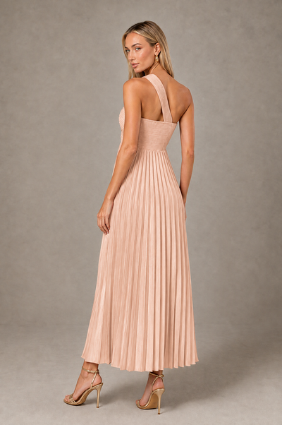 BOLODOO Rose Gold One-Shoulder Twist Knot Pleated Satin Midi Dress with Cutout - Rose Gold - Rose_Gold_2