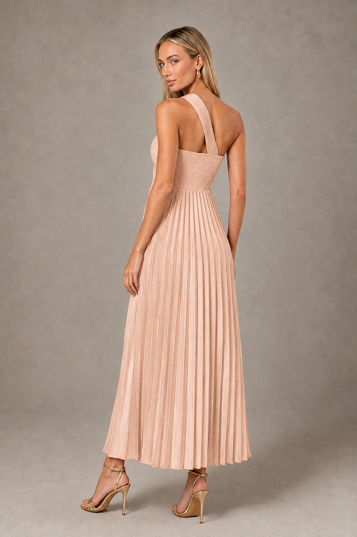 BOLODOO Rose Gold One-Shoulder Twist Knot Pleated Satin Midi Dress with Cutout - Rose Gold - Rose_Gold_2