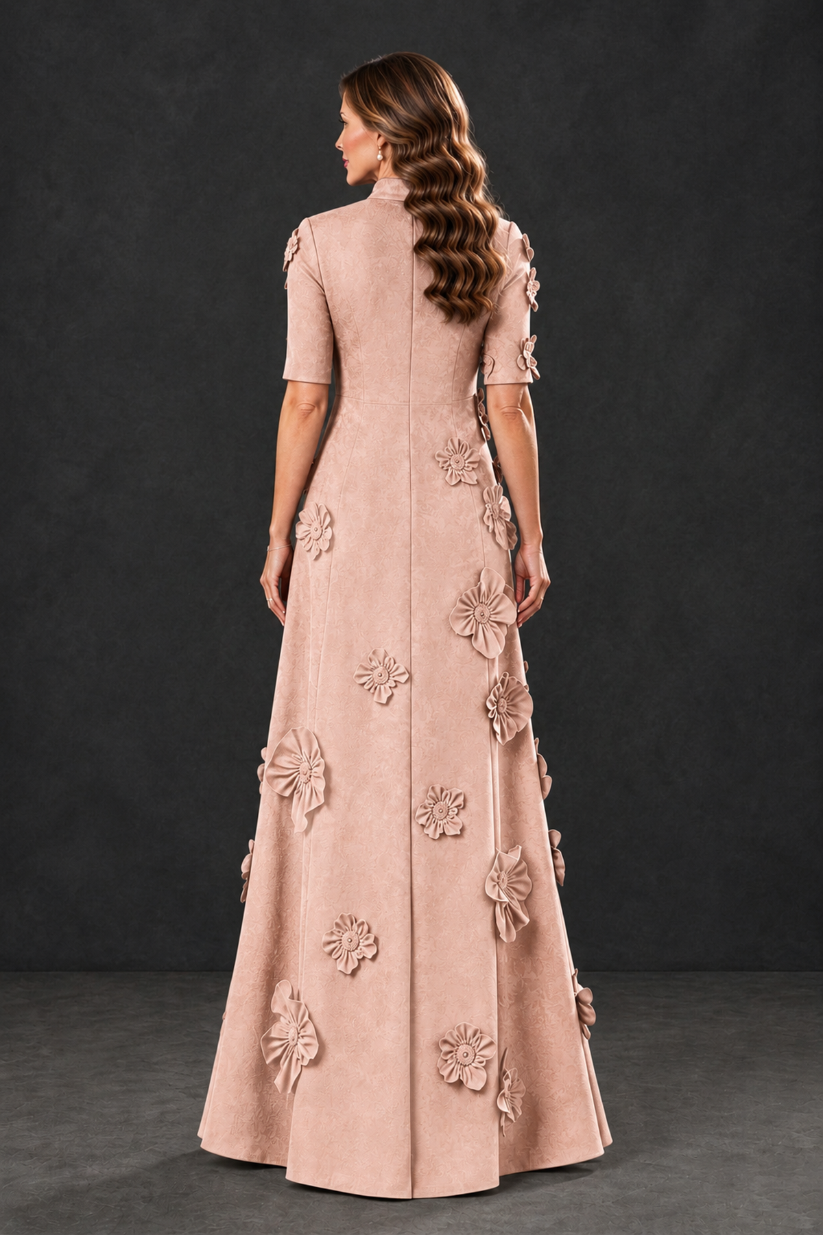 BOLODOO Rose Gold Floral Applique High-Neck Half-Sleeve Gown - Rose Gold - Rose Gold_2