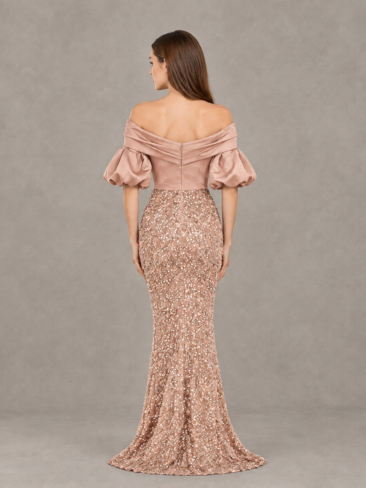 BOLODOO Rose Gold Off-Shoulder Puff Sleeve Sequin Mermaid Evening Dress - Rose Gold - Rose Gold_2