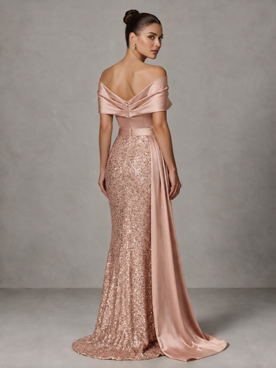 BOLODOO Rose Gold Sequin Mermaid Evening Dress with Off-Shoulder Satin Drape and Sweep Train - Rose Gold - Rose Gold_2