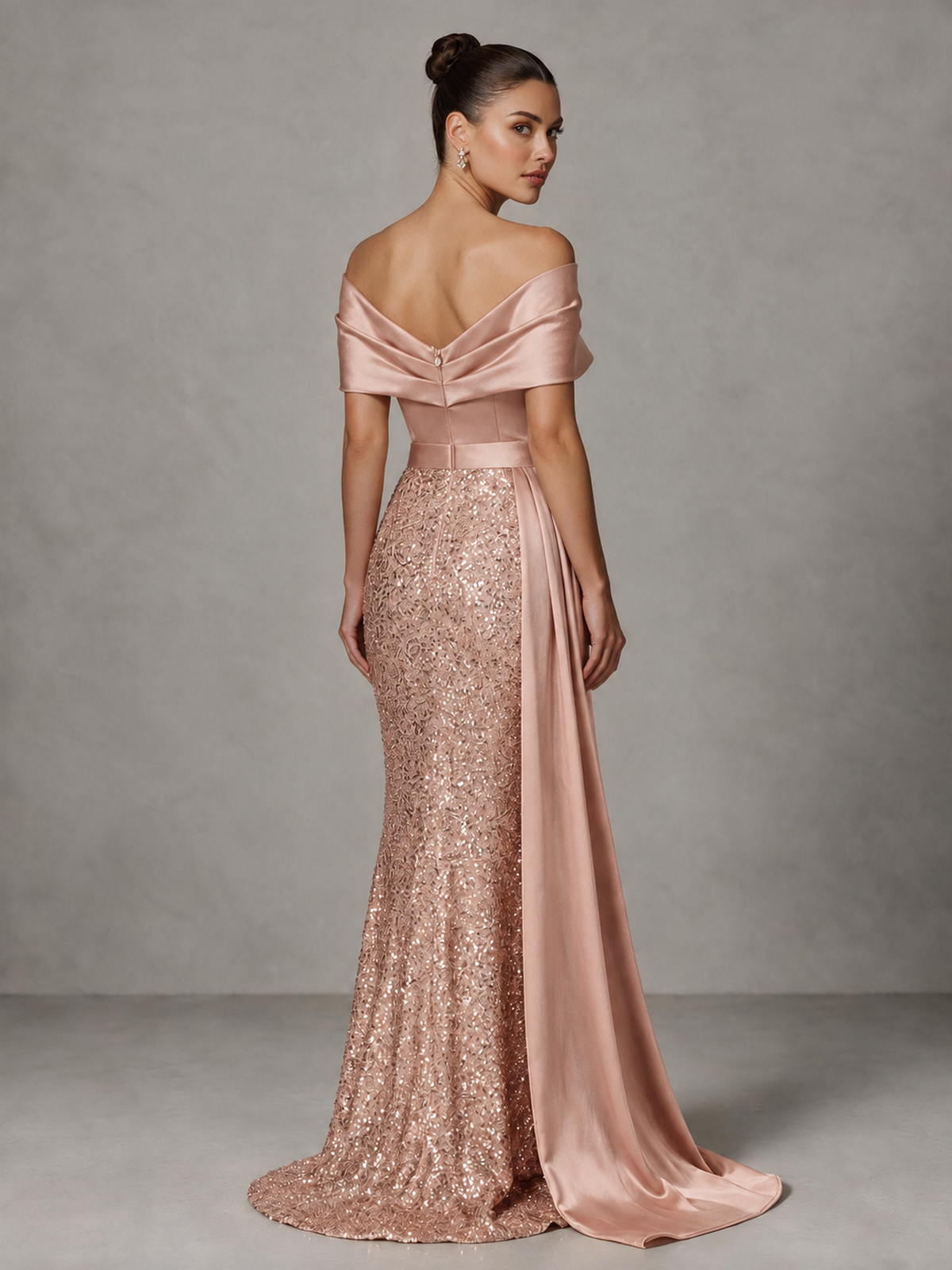 BOLODOO Rose Gold Sequin Mermaid Evening Dress with Off-Shoulder Satin Drape and Sweep Train - Rose Gold - Rose Gold_2