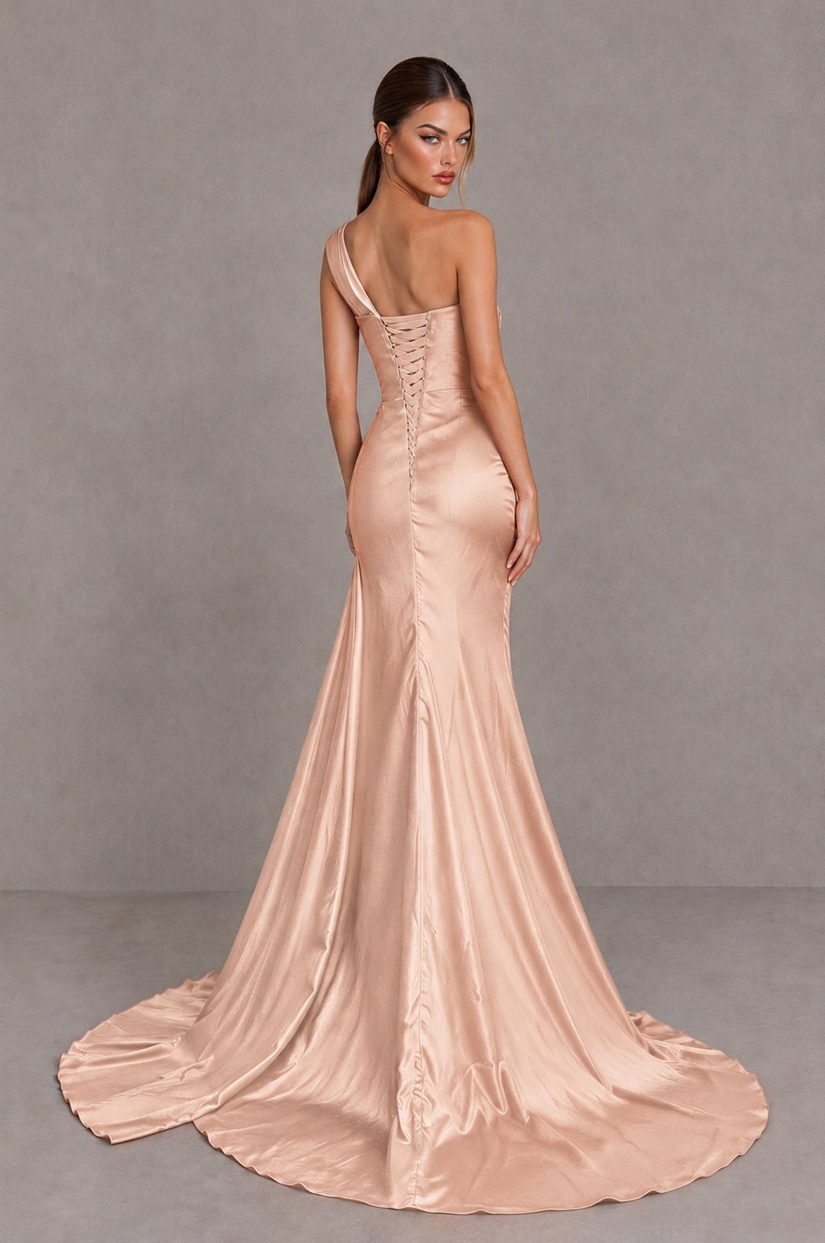 BOLODOO Rose Gold One Shoulder Satin Mermaid Evening Dress with Ruched Slit Skirt - Rose Gold - Rose Gold_2