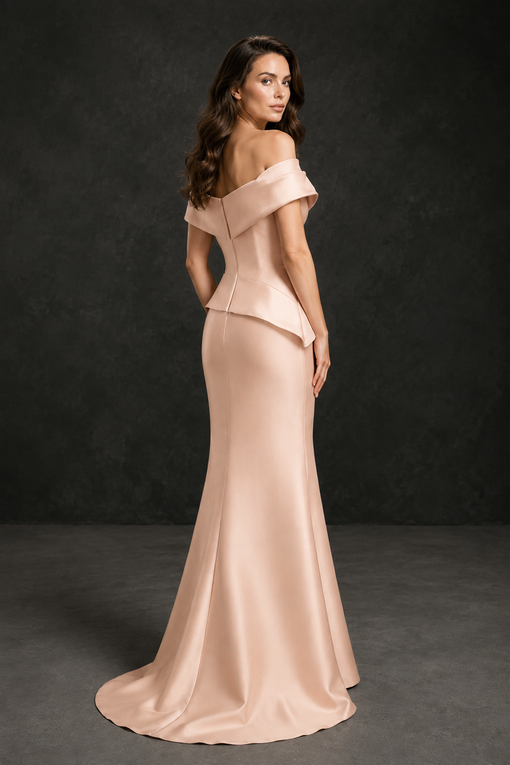 BOLODOO Rose Gold Satin Off-Shoulder Sweetheart Asymmetric Peplum Mermaid Gown with Rose Gold Floral Embroidery | MOB Evening Dress - Rose Gold