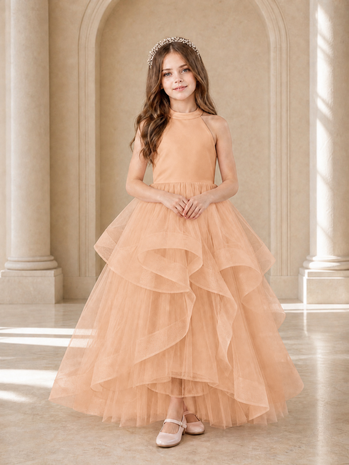 BOLODOO Rose Gold Halter Tiered Tulle Flower Girl Dress with Bow Back - Rose Gold - Rose Gold_2