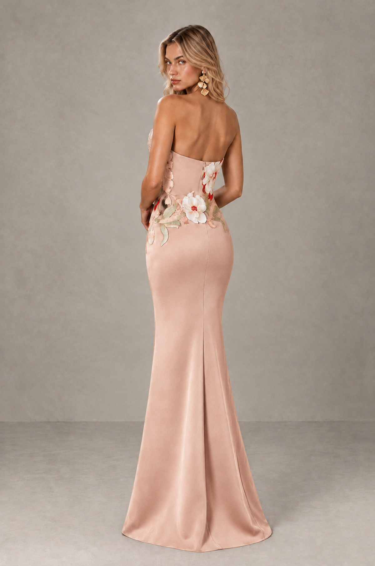 BOLODOO Rose Gold Strapless Floral Mermaid Evening Dress with Slit - Rose Gold - Rose_Gold_2