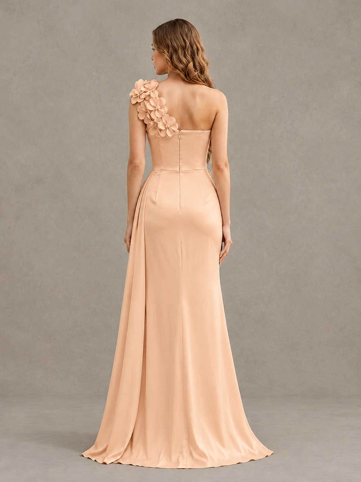 BOLODOO Rose Gold One-Shoulder Satin Mermaid Evening Gown with 3D Floral Appliqué - Rose Gold - Rose Gold_2