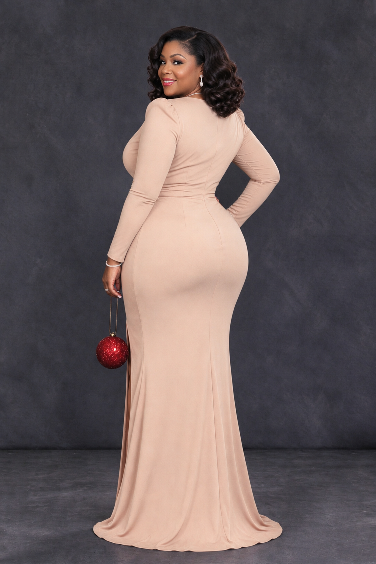 BOLODOO Rose Gold Plus Size Long Sleeve V-Neck Mother of the Bride Dress with Slit - Rose Gold - Rose Gold_2