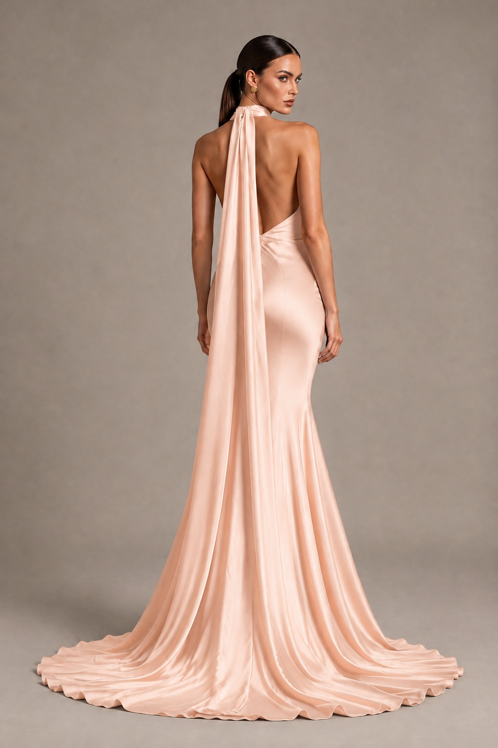BOLODOO Rose Gold One-Shoulder Satin Mermaid Evening Dress with Scarf - Rose Gold - Rose Gold_2