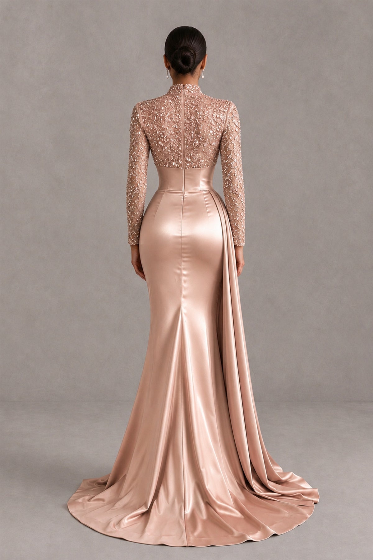 BOLODOO Rose Gold Long Sleeve Embellished Satin Mermaid Evening Gown - Rose Gold - Rose Gold_2