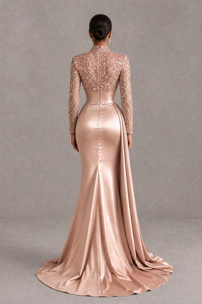 BOLODOO Rose Gold Long Sleeve Embellished Satin Mermaid Evening Gown - Rose Gold - Rose Gold_2