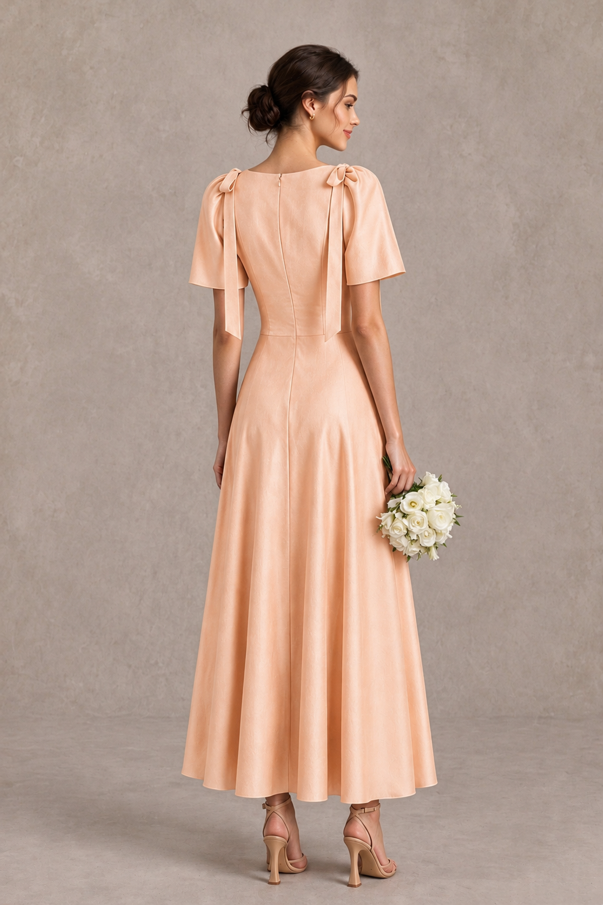 BOLODOO Rose Gold V-Neck Short Sleeve Satin-Look Bridesmaid Dress with Shoulder Bows - Rose Gold - Rose Gold_2
