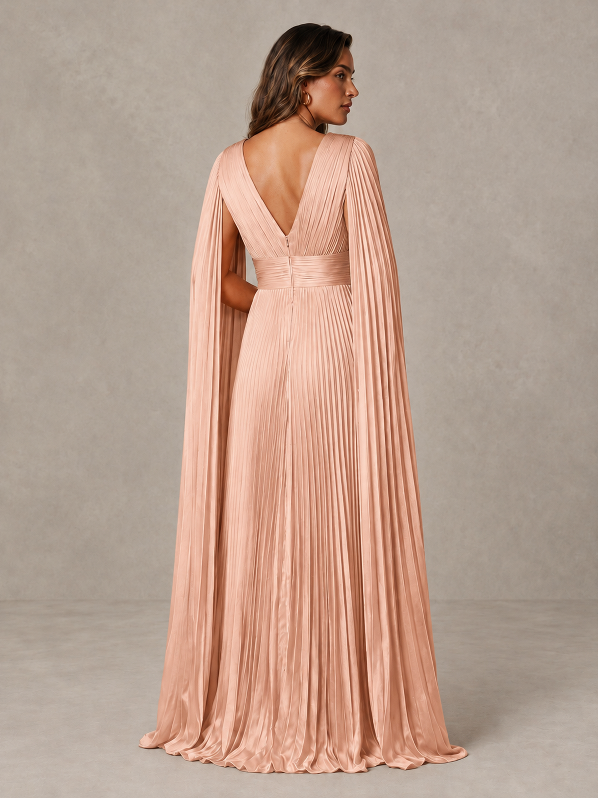 BOLODOO Rose Gold Deep V-Neck Pleated Cape Sleeve Evening Gown - Rose Gold - Rose Gold_2