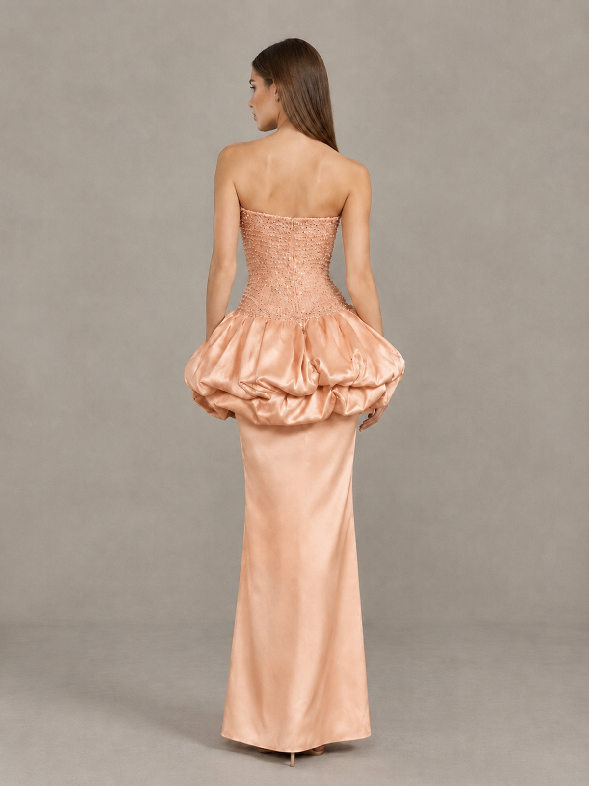 BOLODOO Rose Gold Strapless Embellished Bubble Peplum Evening Dress - Rose Gold - Rose Gold_2