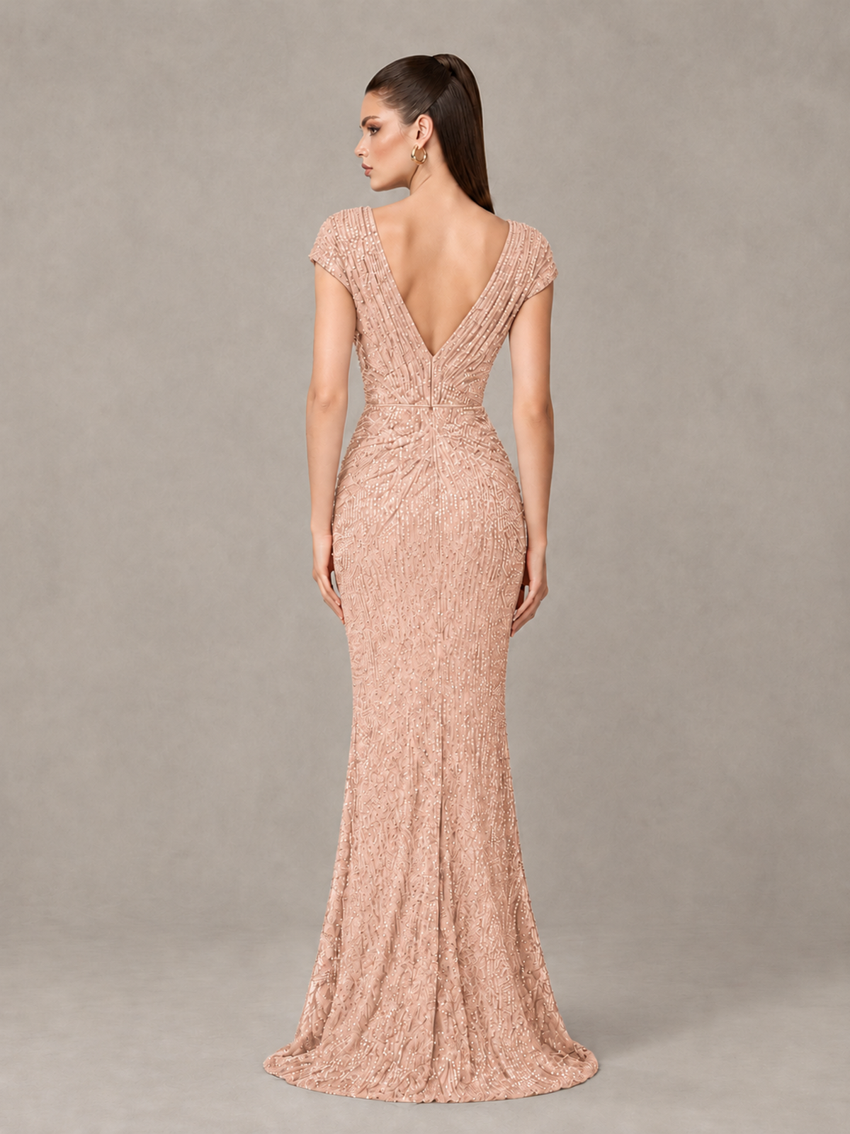 BOLODOO Rose Gold Glitter V-Neck Cap Sleeve Ruched Mermaid Evening Gown - Rose Gold - Rose Gold_2
