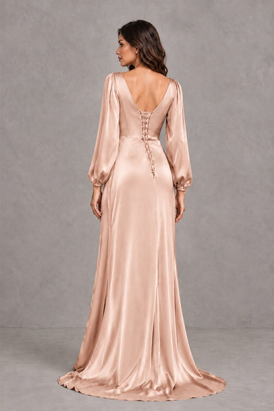 BOLODOO Rose Gold Satin-Look Long Sleeve Evening Dress with High Slit - Rose Gold - Rose Gold_2