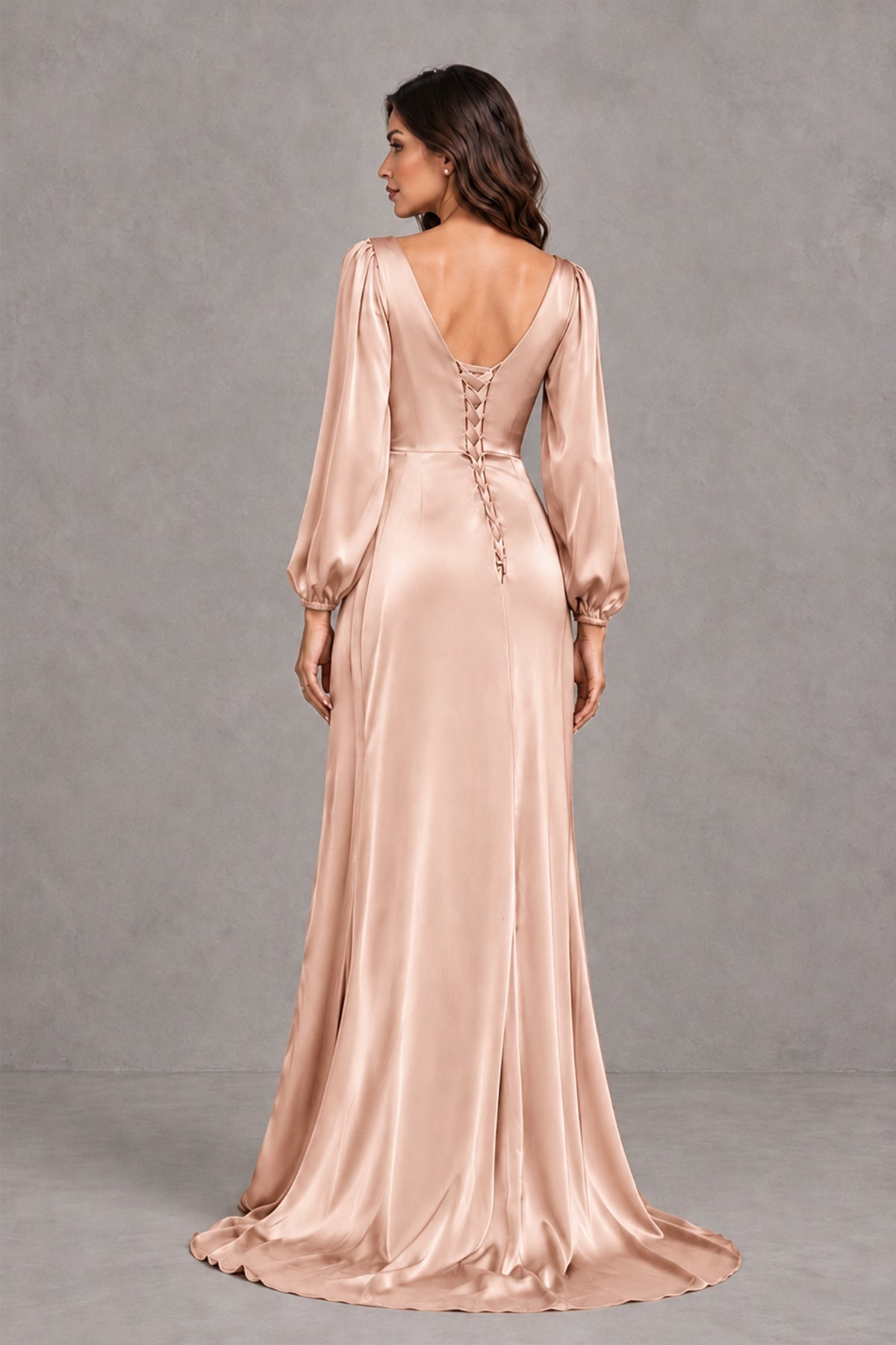 BOLODOO Rose Gold Satin-Look Long Sleeve Evening Dress with High Slit - Rose Gold - Rose Gold_2