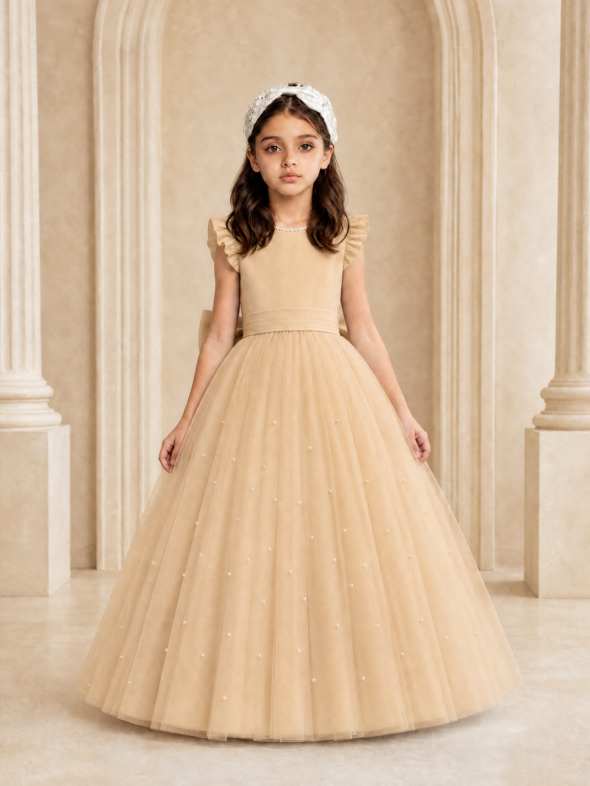 BOLODOO Rose Gold Tulle Flower Girl Dress with Ruffle Sleeves & Bow Back - Rose Gold - Rose_Gold_2