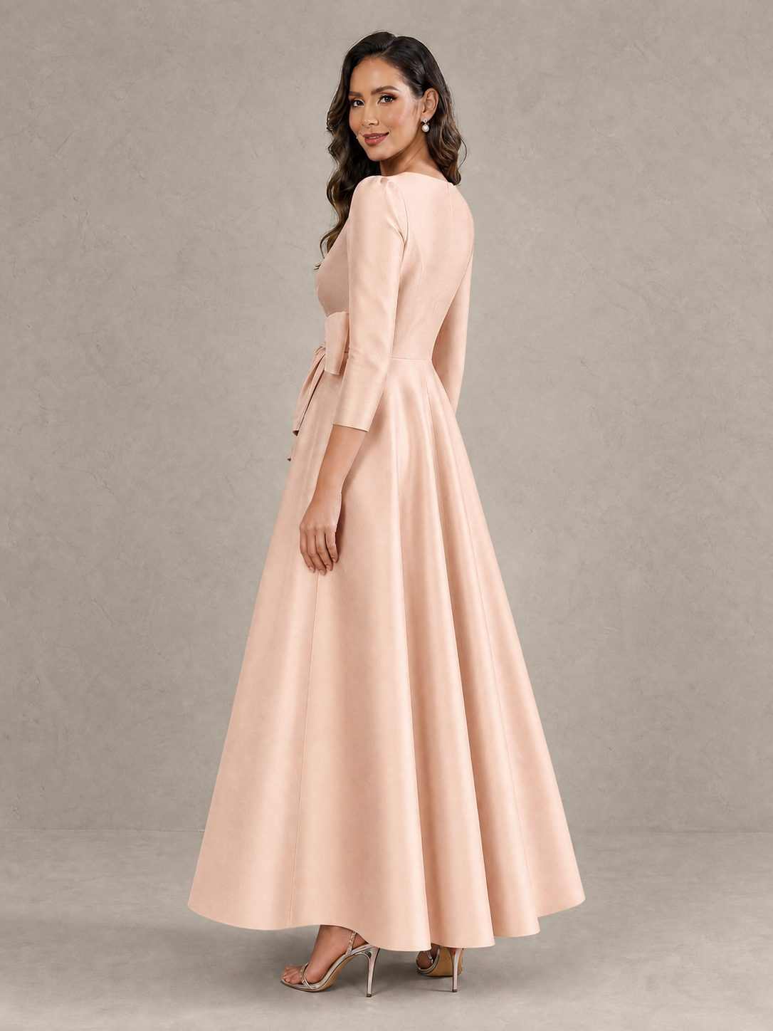 BOLODOO Rose Gold Satin Deep V-Neck Wrap 3/4 Puff Sleeve A-Line Ball Gown Maxi Dress with Oversized Bow Belt - Rose Gold
