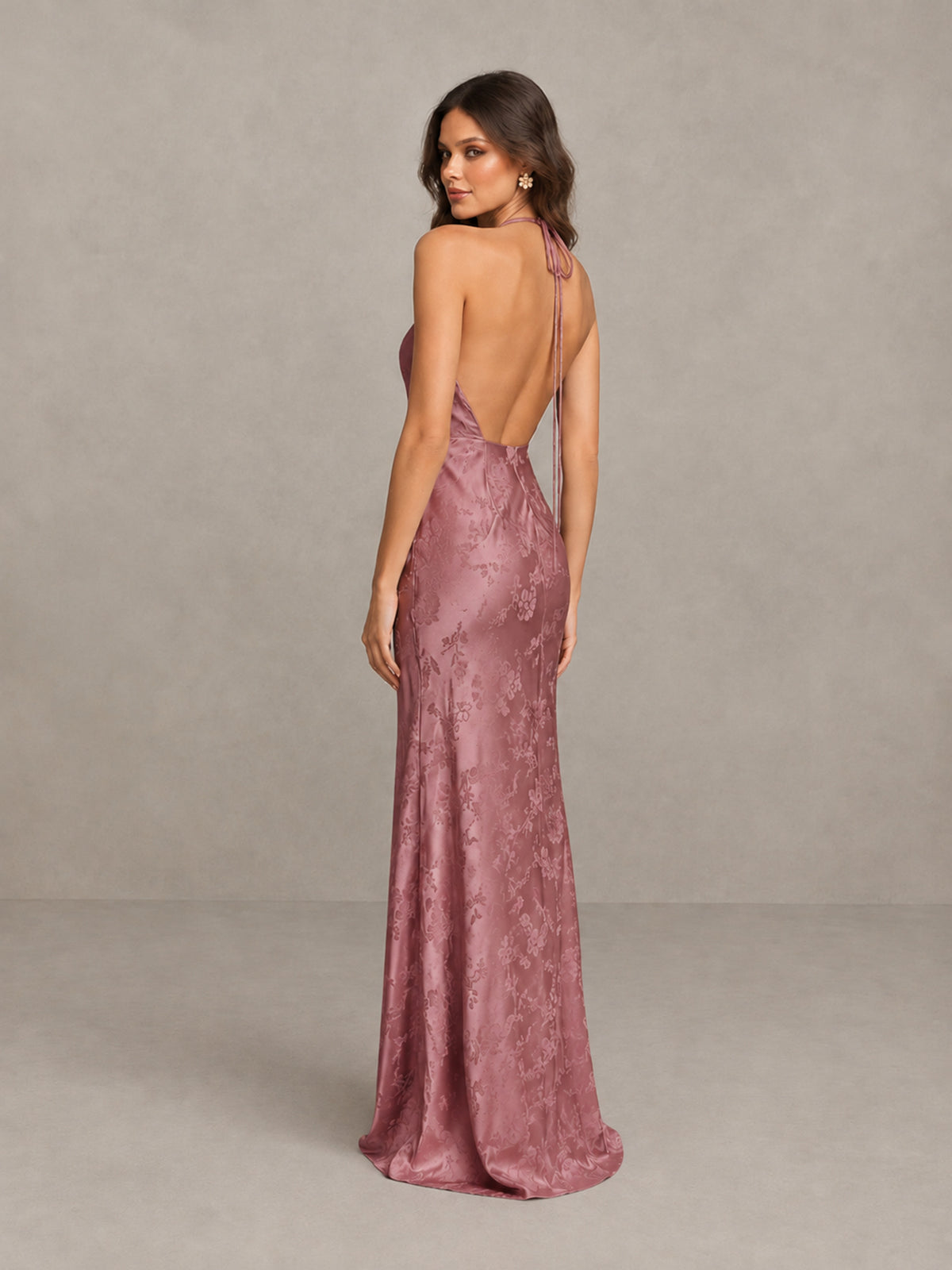 BOLODOO Rose Gold Floral Satin Open-Back Bridesmaid Dress - Rose Gold - Rose Gold_2