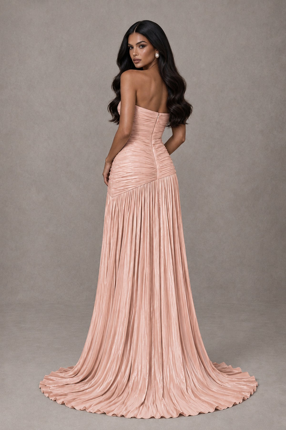 BOLODOO Rose Gold Metallic Ruched Strapless Pleated A-Line Backless Maxi Dress with Train - Rose Gold - Rose Gold_2