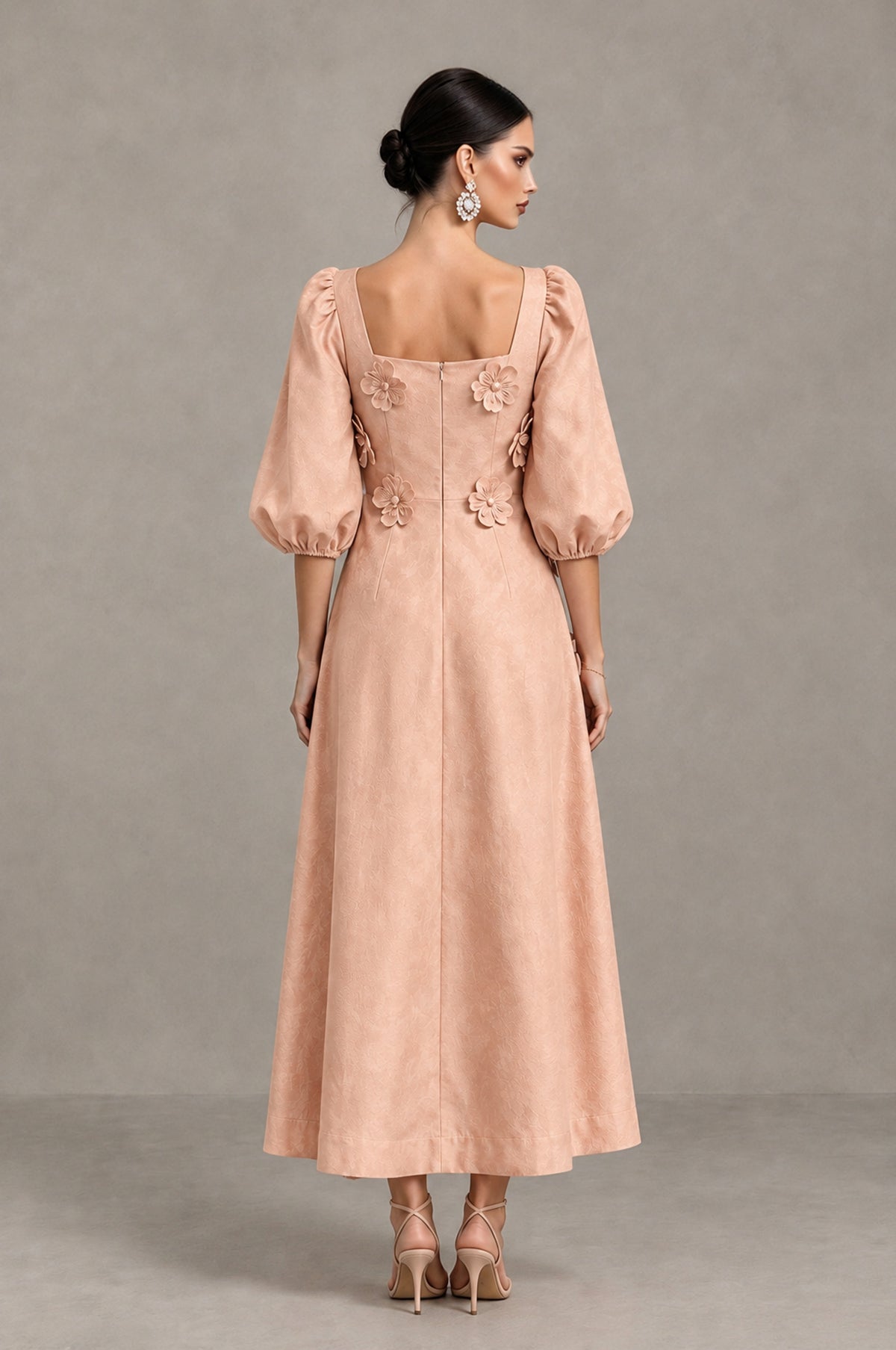BOLODOO Rose Gold 3D Floral Puff Sleeve Midi Cocktail Dress - Rose Gold - Rose Gold_2
