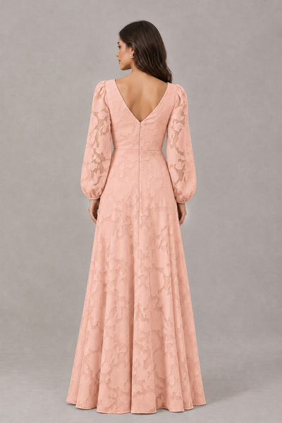 BOLODOO Rose Gold Long Sleeve V-Neck A-Line Mother of the Bride Dress - Rose Gold - Rose Gold_2