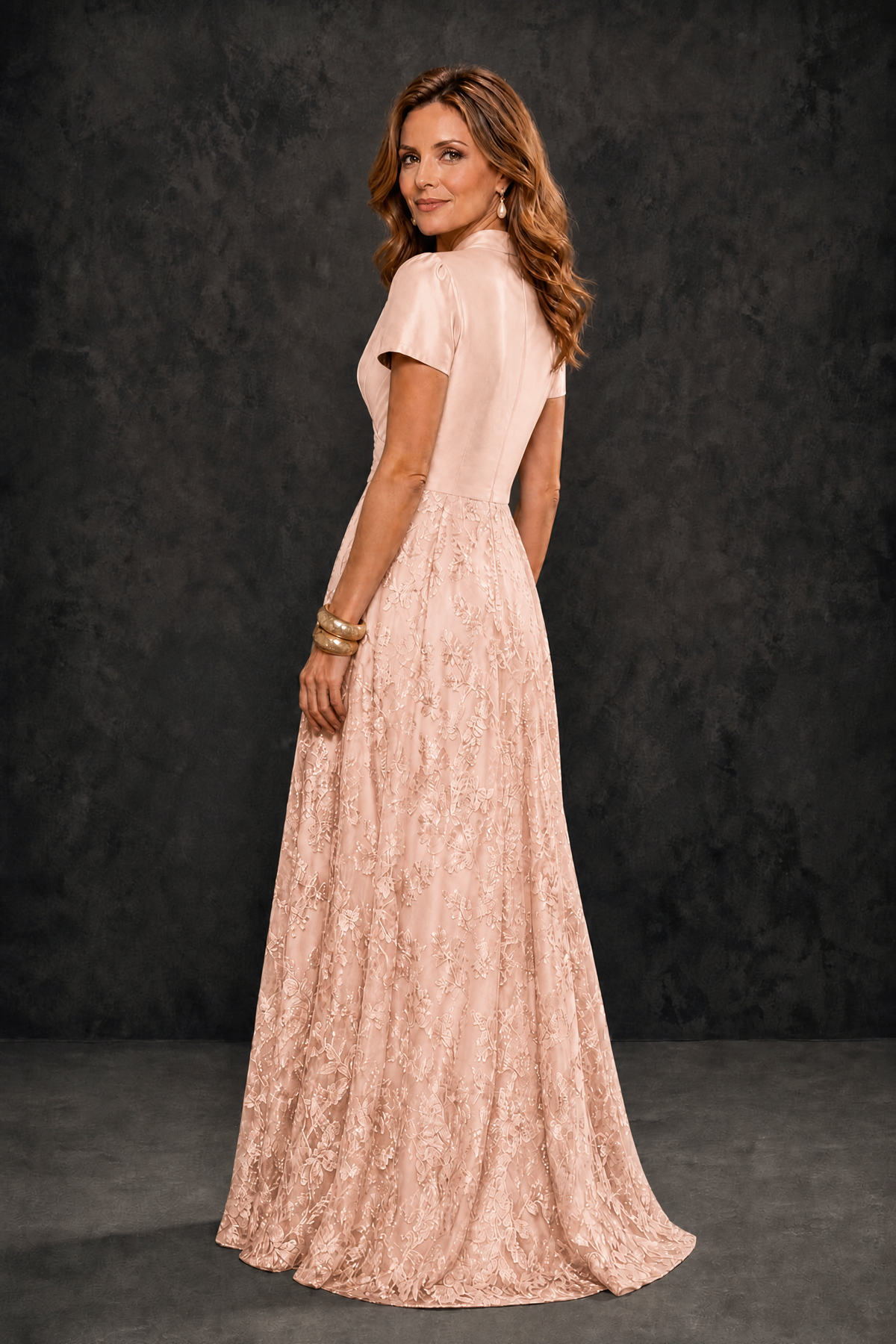 BOLODOO Rose Gold Satin Wrap V-Neck Short Sleeve Lace Glitter A-Line Floor Length Evening Gown – Formal Dress - Rose Gold