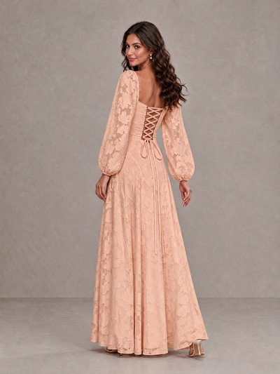 BOLODOO Rose Gold Floral Long Sleeve A-Line Bridesmaid Dress - Rose Gold - Rose Gold_2