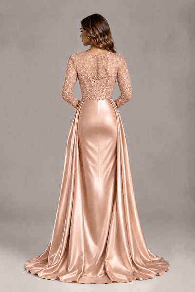 BOLODOO Rose Gold Long Sleeve Embellished Satin Evening Gown with Sweep Train - Rose Gold - Rose Gold_2